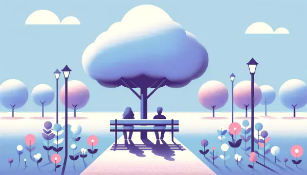 Two people sitting on a bench by a tree.